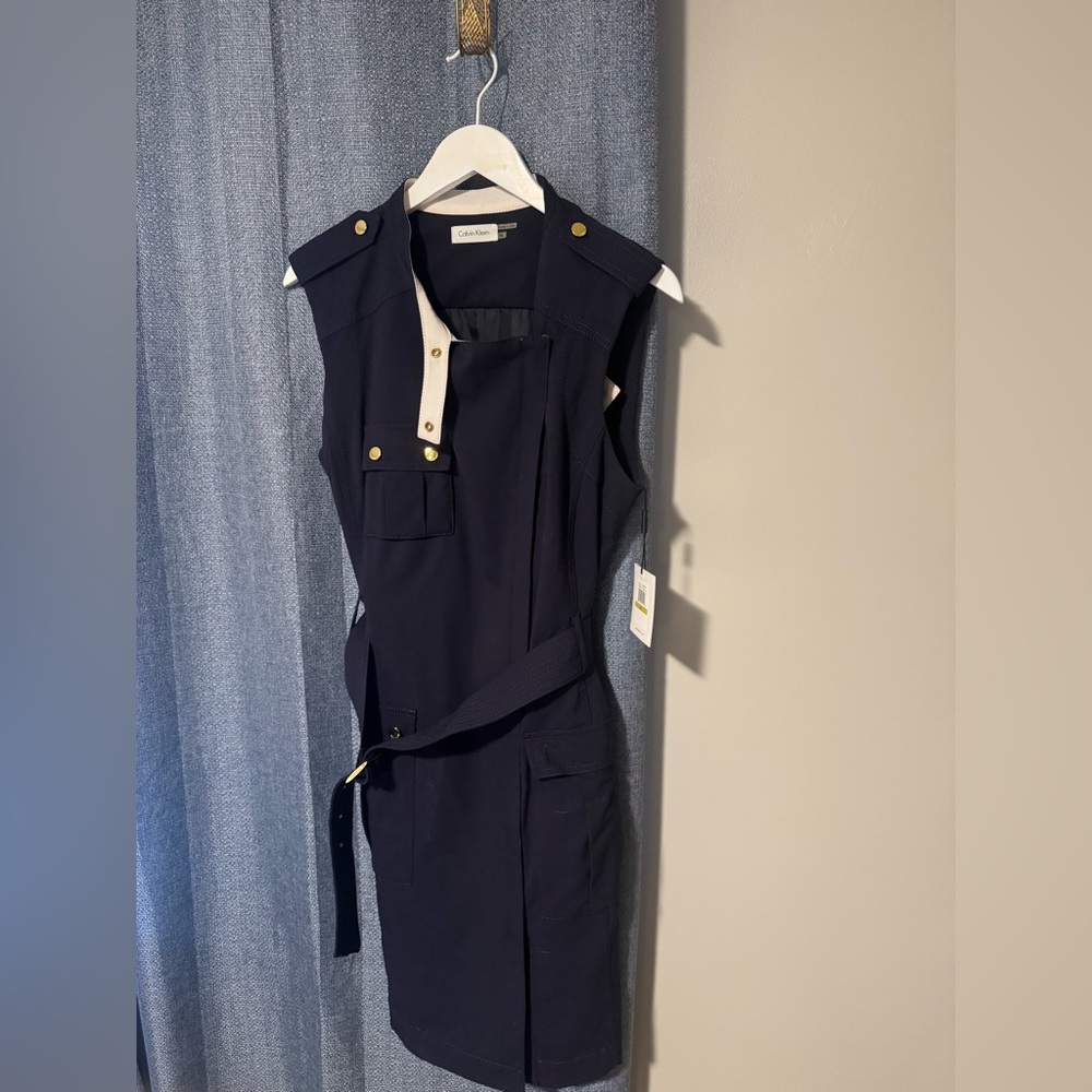Calvin Klein Navy Blue Sleeveless Dress with Gold Accents